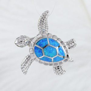 New Silver Opal Sea Turtle Pendant Necklace